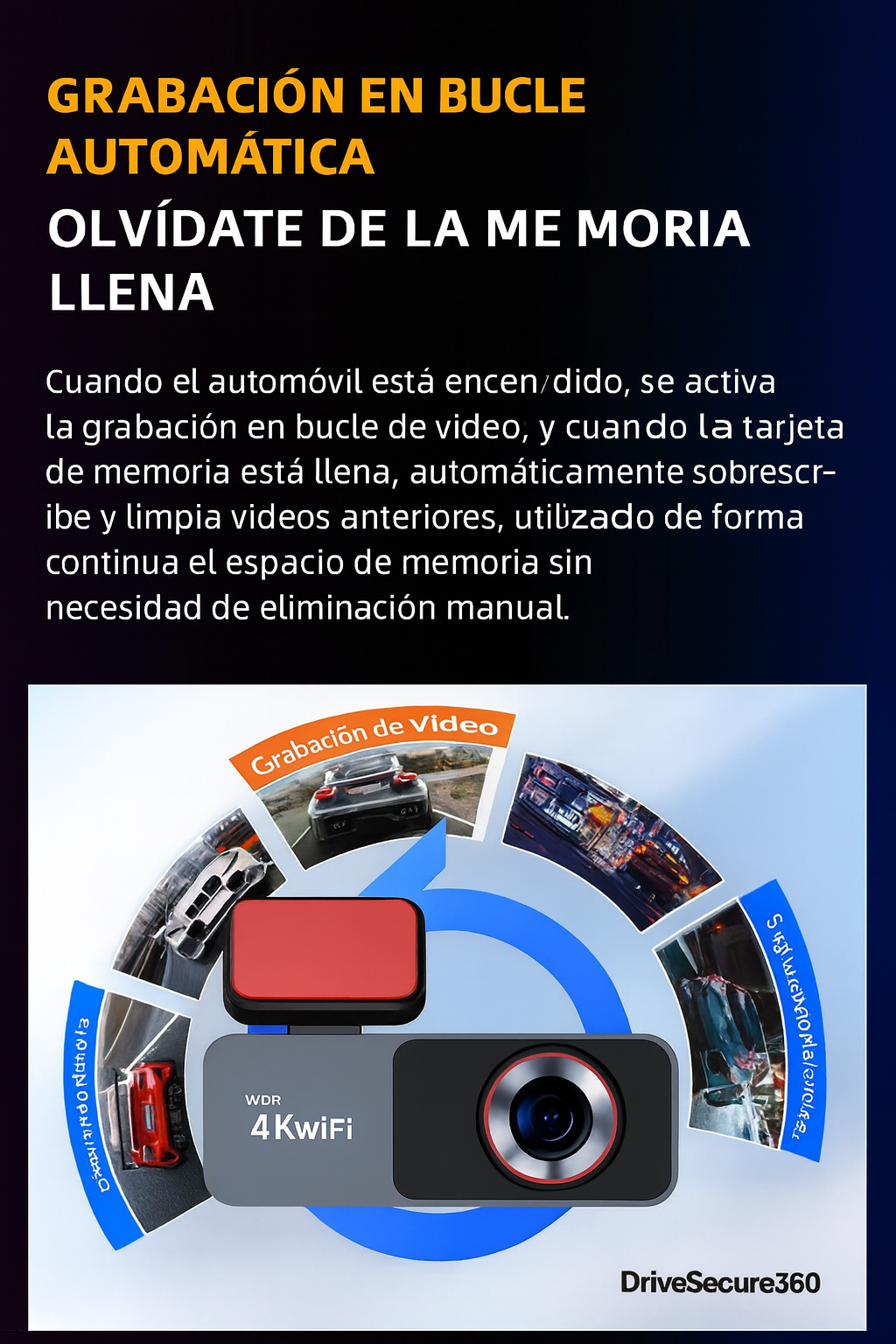 Dashcam Acceo 4K + 1080P con Wi-Fi, GPS y Visión Nocturna