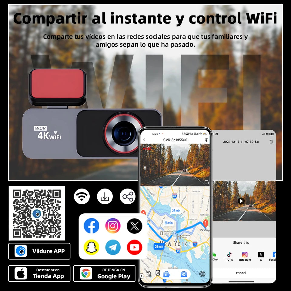 Dashcam Acceo 4K + 1080P con Wi-Fi, GPS y Visión Nocturna