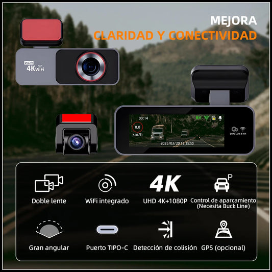 Dashcam Acceo 4K + 1080P con Wi-Fi, GPS y Visión Nocturna
